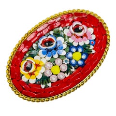 Vintage ITALIAN gold tone colorful micro mosaic designer brooch