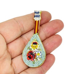 Vintage Italian gold tone micro mosaic mandolin designer brooch