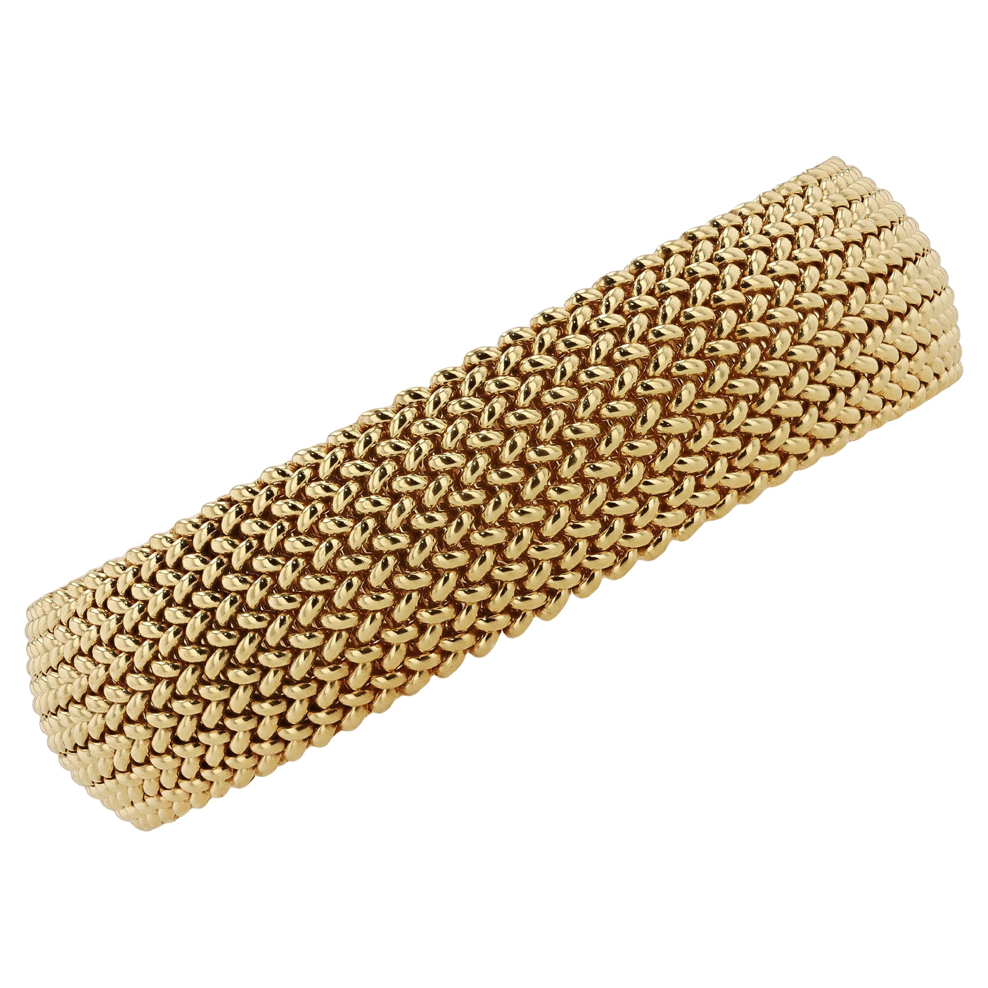 Women's or Men's Vintage Italian Gold Wide Woven Curved Link Bracelet