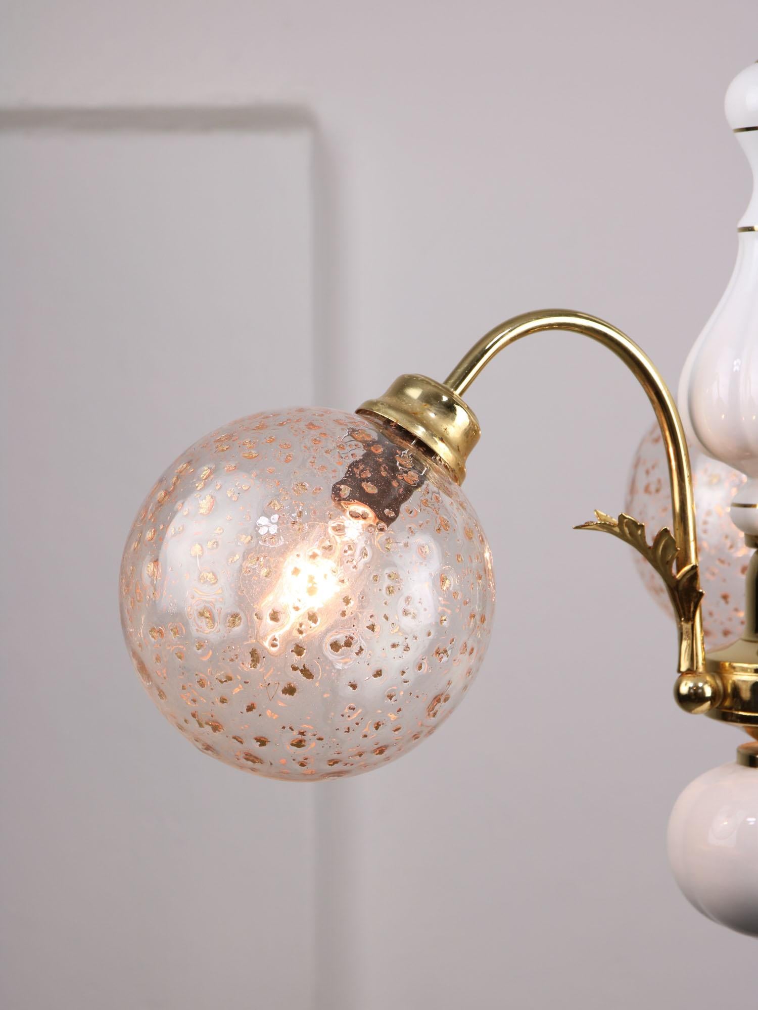 Vintage Italian Golden Ceramic and Glass Chandelier For Sale 7