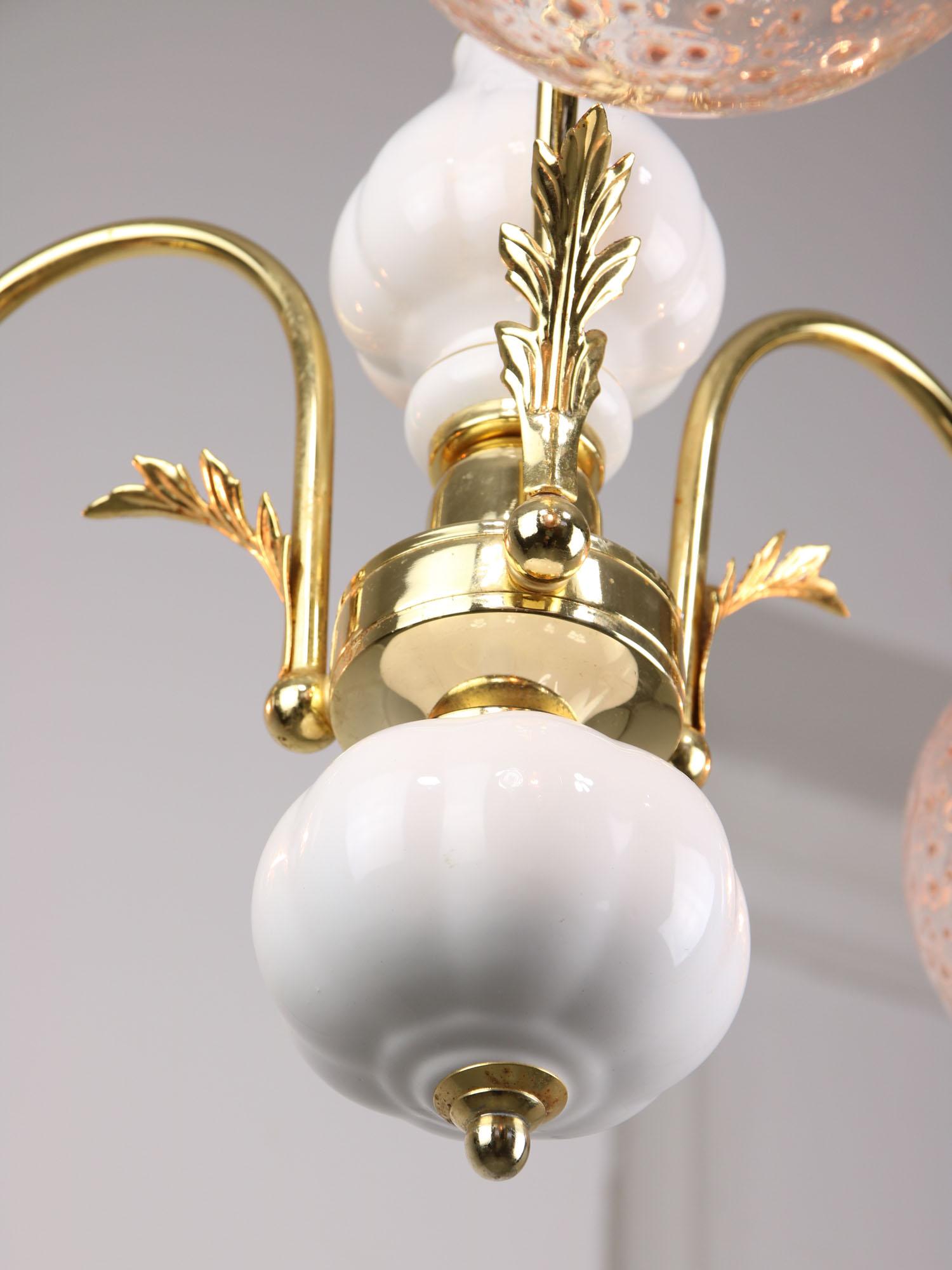 Vintage Italian Golden Ceramic and Glass Chandelier For Sale 9
