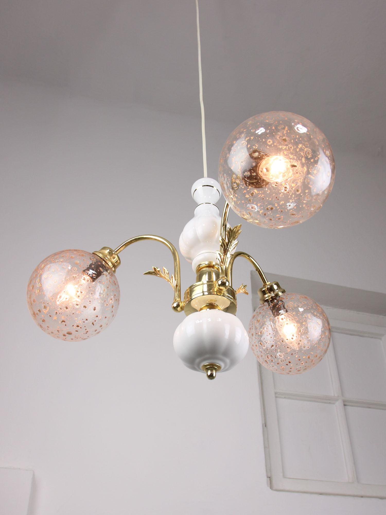 Vintage Italian Golden Ceramic and Glass Chandelier For Sale 1