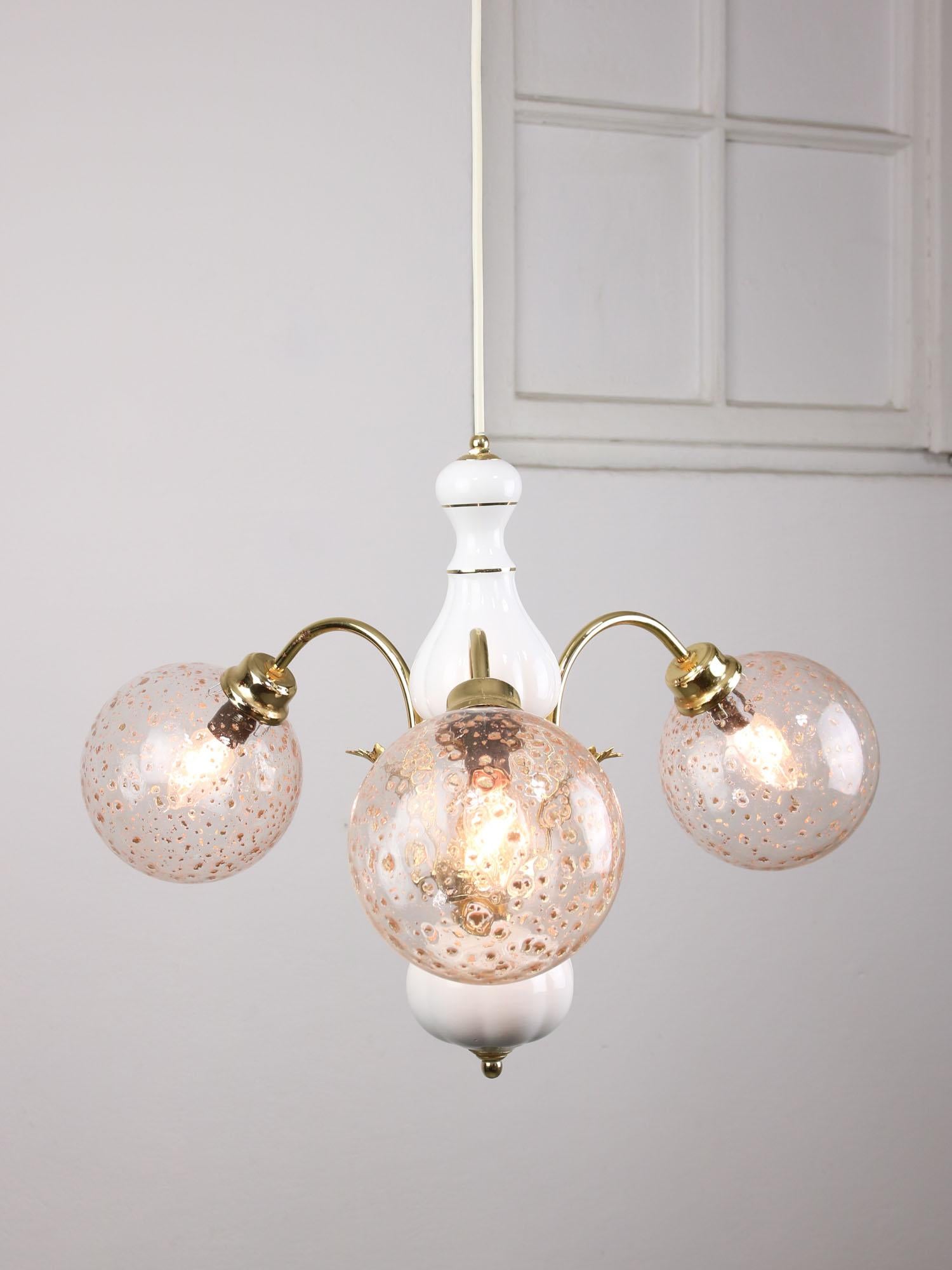Vintage Italian Golden Ceramic and Glass Chandelier For Sale 2