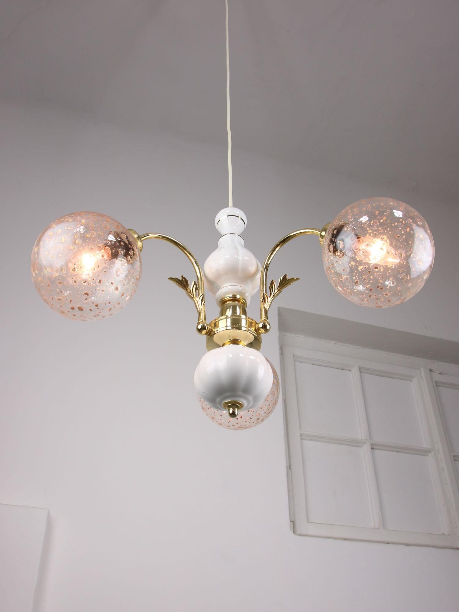 Vintage Italian Golden Ceramic and Glass Chandelier For Sale 3