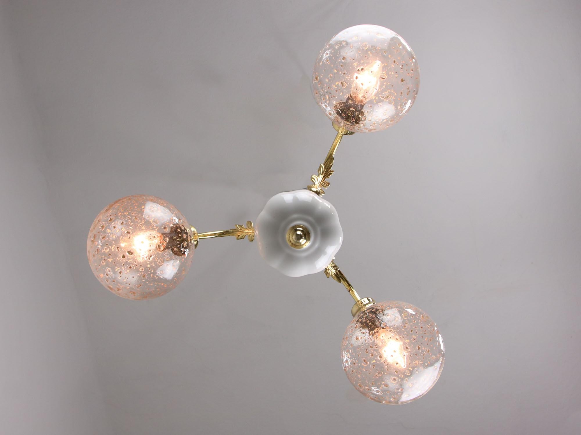 Vintage Italian Golden Ceramic and Glass Chandelier For Sale 4