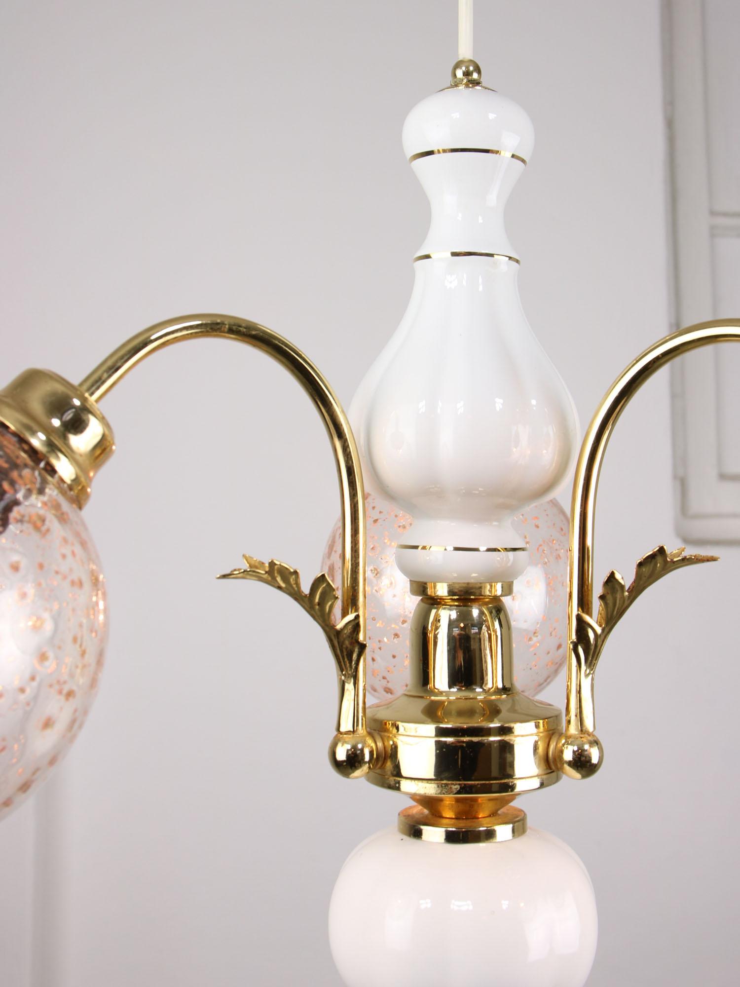 Vintage Italian Golden Ceramic and Glass Chandelier For Sale 5