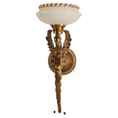 Retro Italian Gothic Brass Sconce Alabaster Shade 