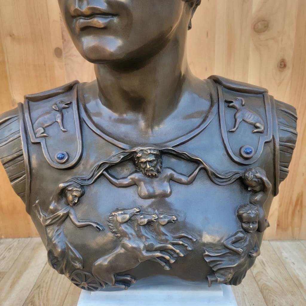Vintage Italian Grand Tour Bronze Bust of Julius Augustus Caesar

A beautiful bust raised on a marble plinth base with a brass crest to dress up any home. Realistically cast and modeled, the breastplate of the armor depicts the retrieval of