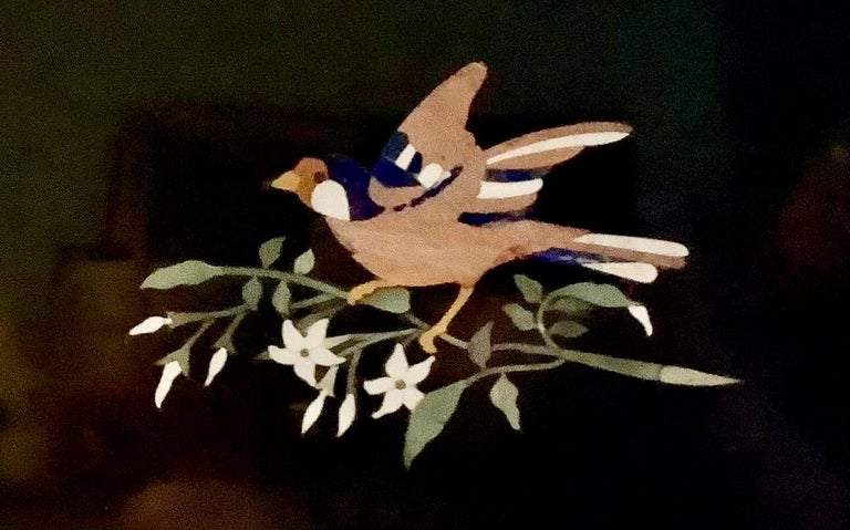 A beautiful Italian grand Tour Style Pietra Dura mosaic on marble Plaque with gilt framing. Picture is a bird on branch with leaves and flowers.