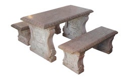 Heavy Italian Granite Carved Stone Outdoor Picnic Dining Table & Benches 50"