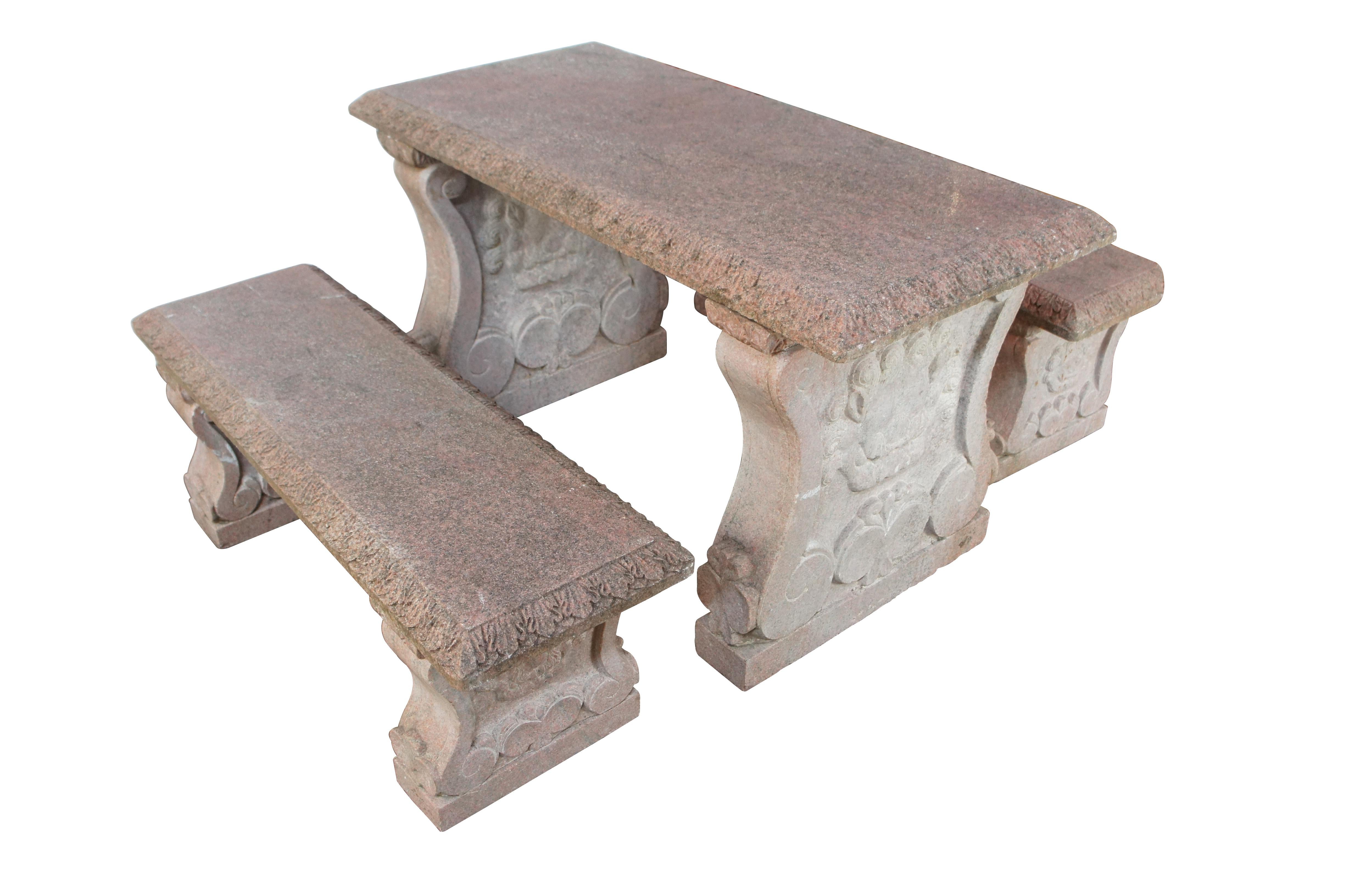 Mesa y bancos de granito italiano tallado para picnic al aire libre 50