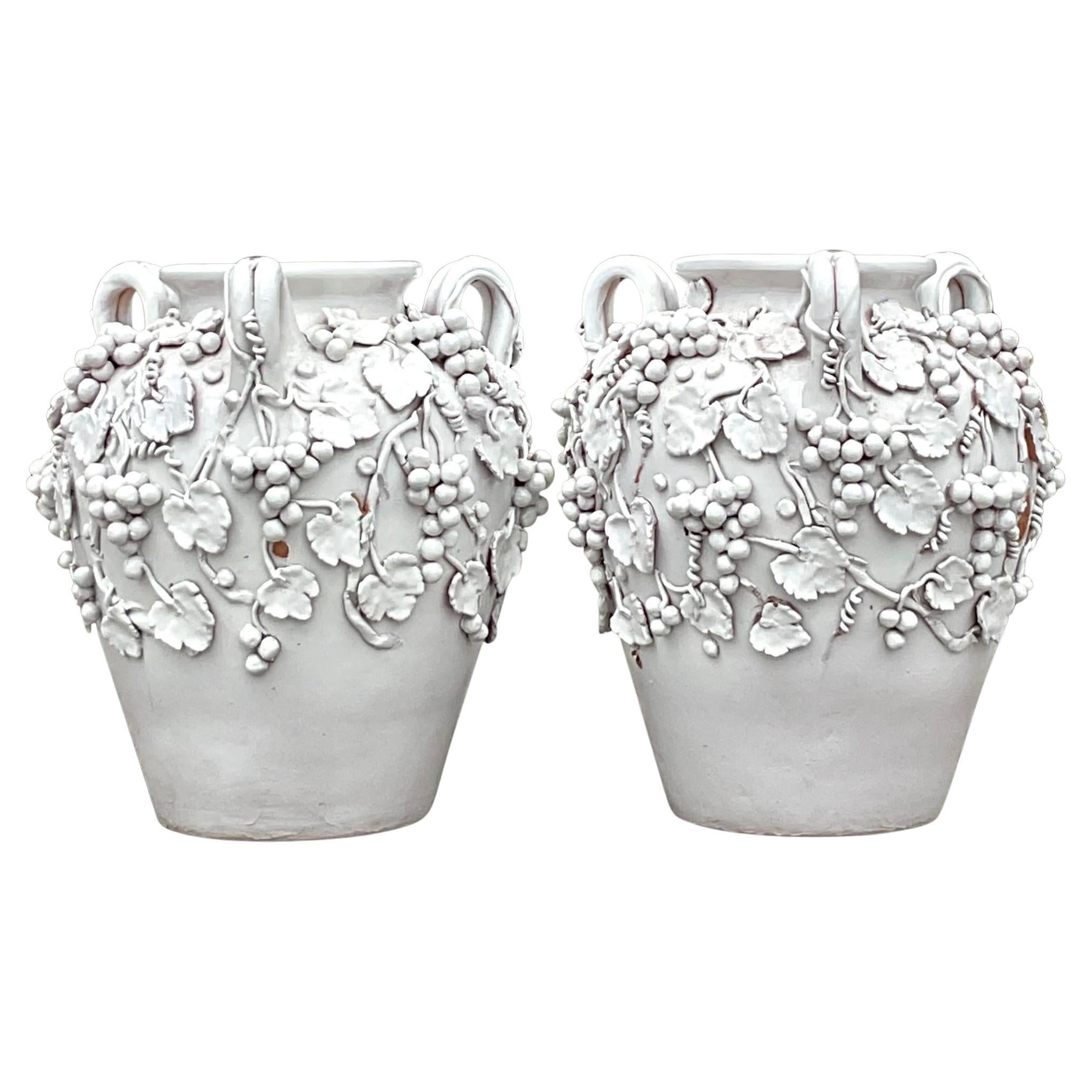 Vintage Italian Grape Vine Glazed Ceramic Urns - a Pair