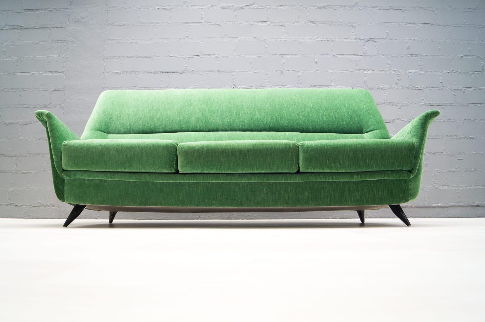 Vintage Italian green 3-seat sofa. 
Seat height 38cm. 
Produced in the 1950s. 
In good original condition.

             