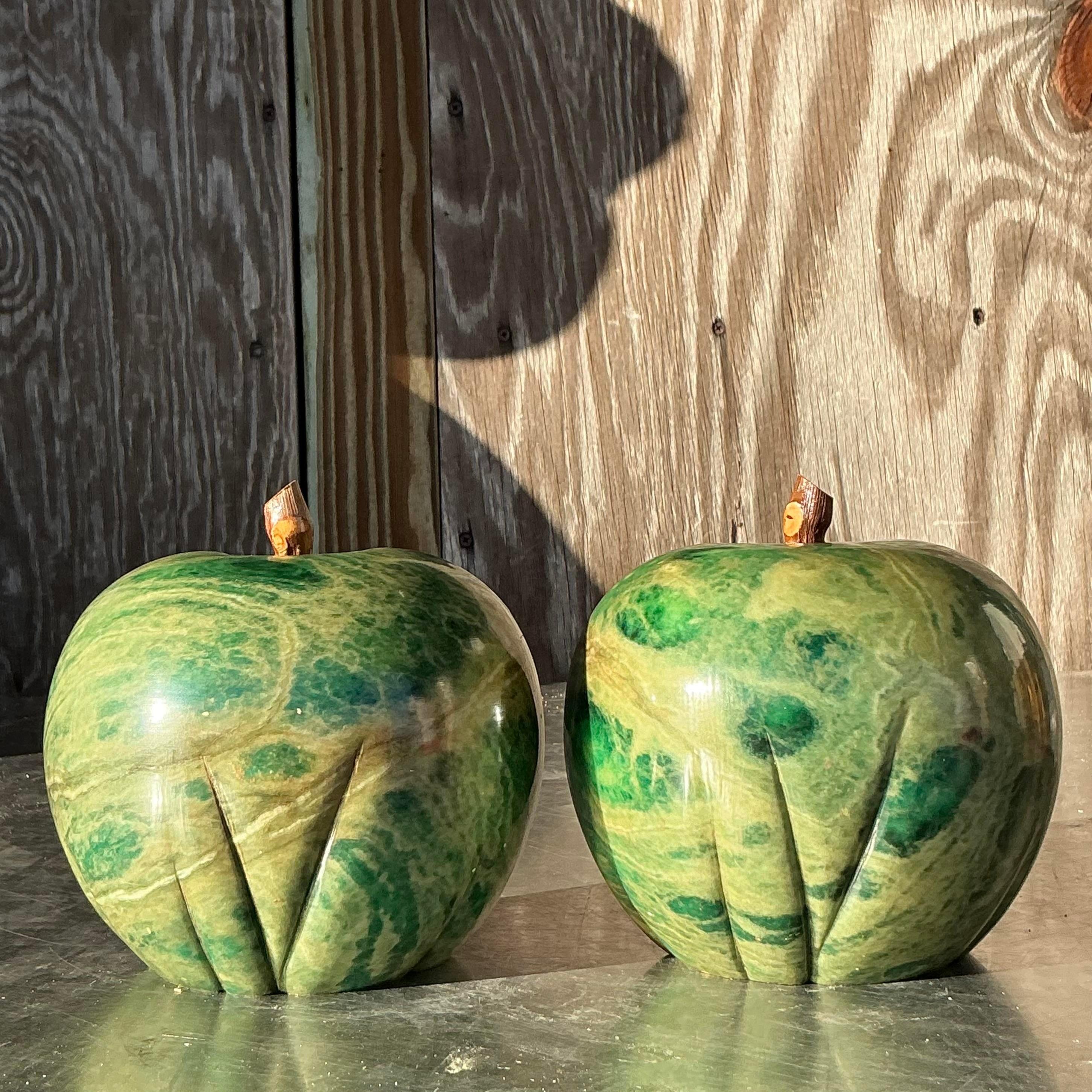 Vintage Italian Green Alabaster Apple Bookends - Set of 2 In Good Condition For Sale In west palm beach, FL