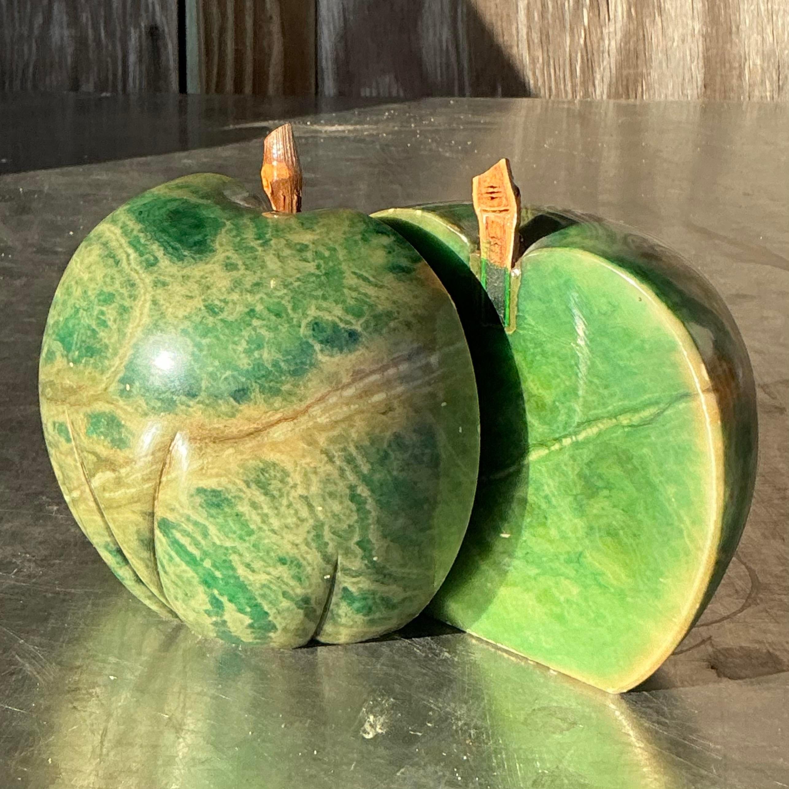 20th Century Vintage Italian Green Alabaster Apple Bookends - Set of 2 For Sale