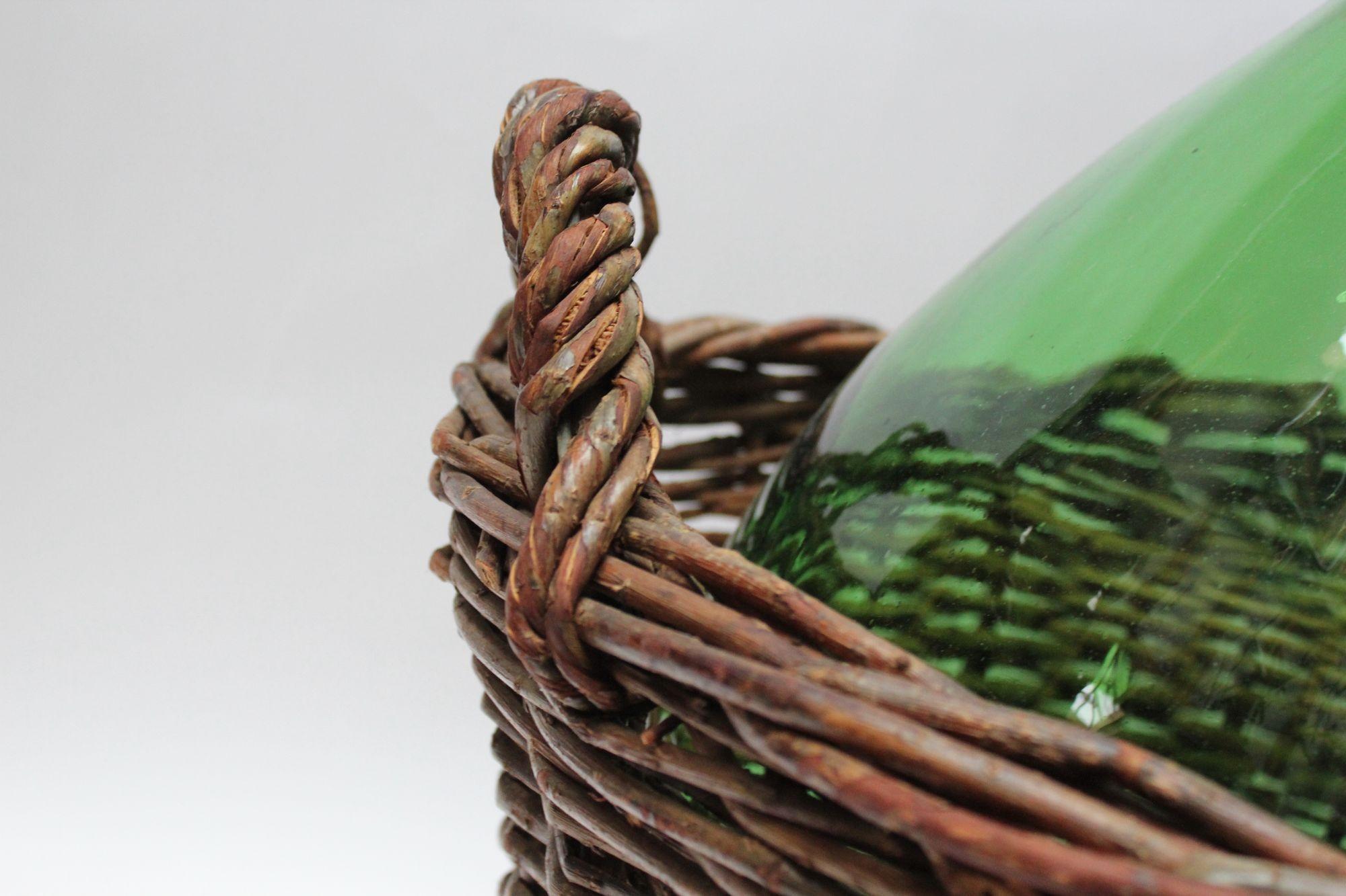 Vintage Italian Green Glass Demijohn by Villani with Wicker Basket 4