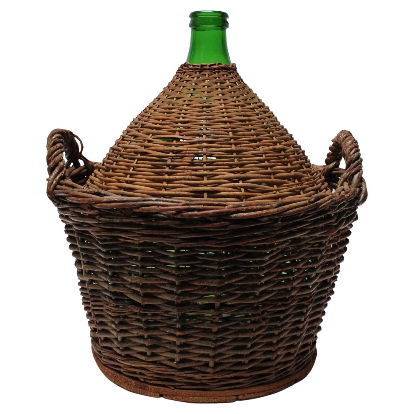 Vintage Italian Green Glass Demijohn by Villani with Wicker Basket
