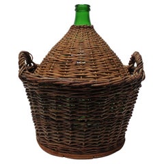 Vintage Italian Green Glass Demijohn by Villani with Wicker Basket