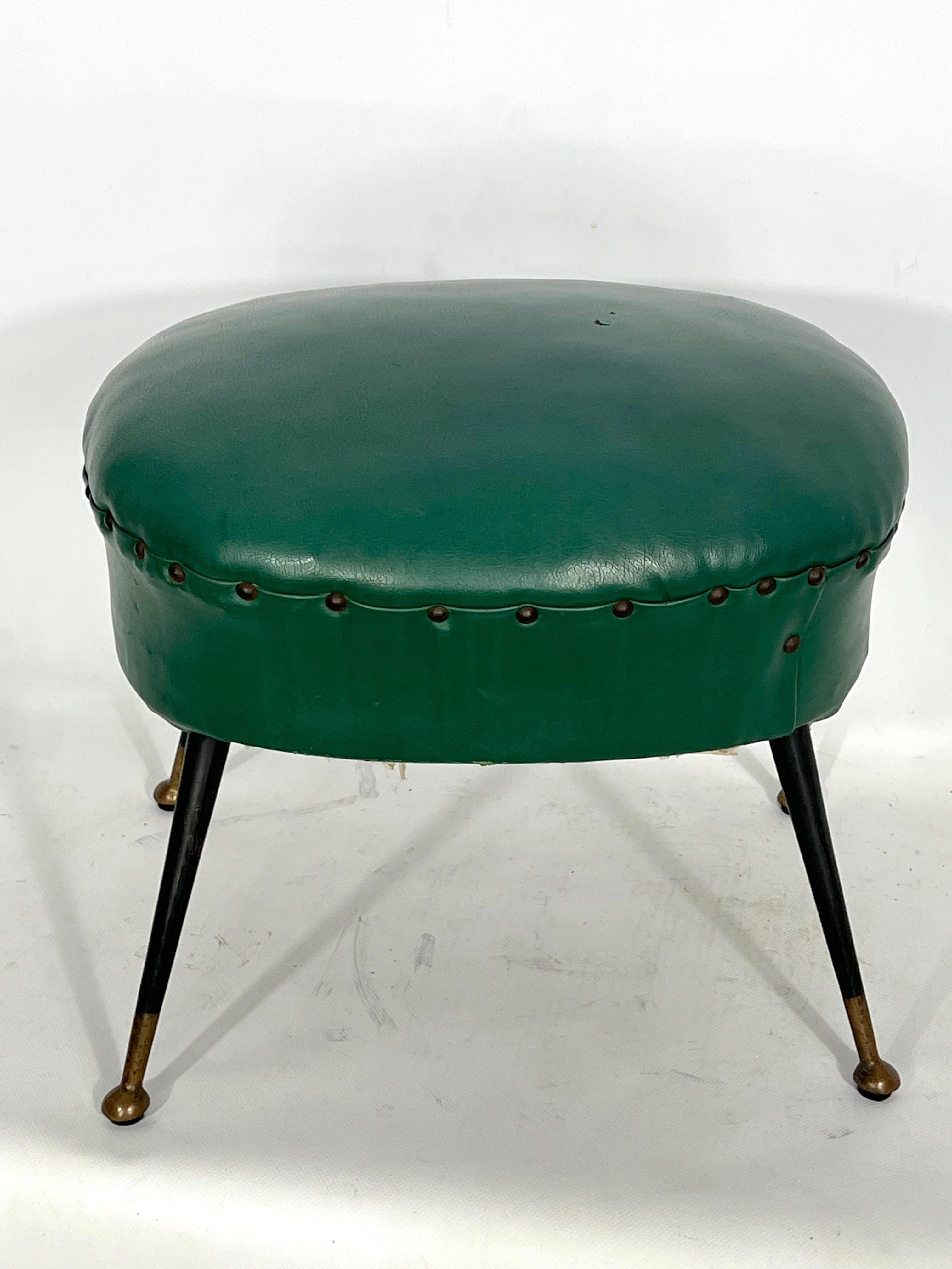 Vintage Italian Green Leatherette Pouf with Brass Feet from 50s For Sale 5