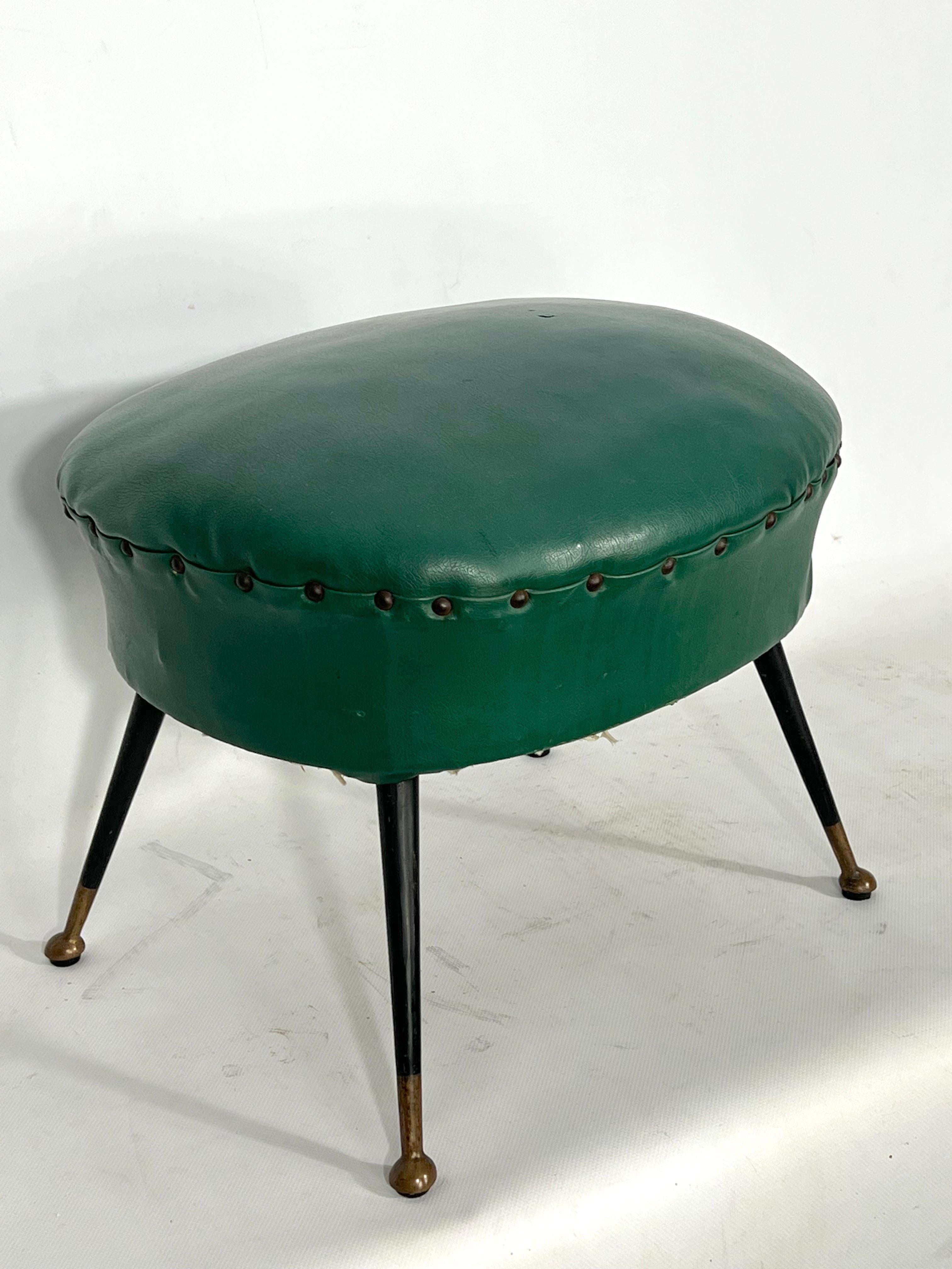 Vintage Italian Green Leatherette Pouf with Brass Feet from 50s For Sale 6