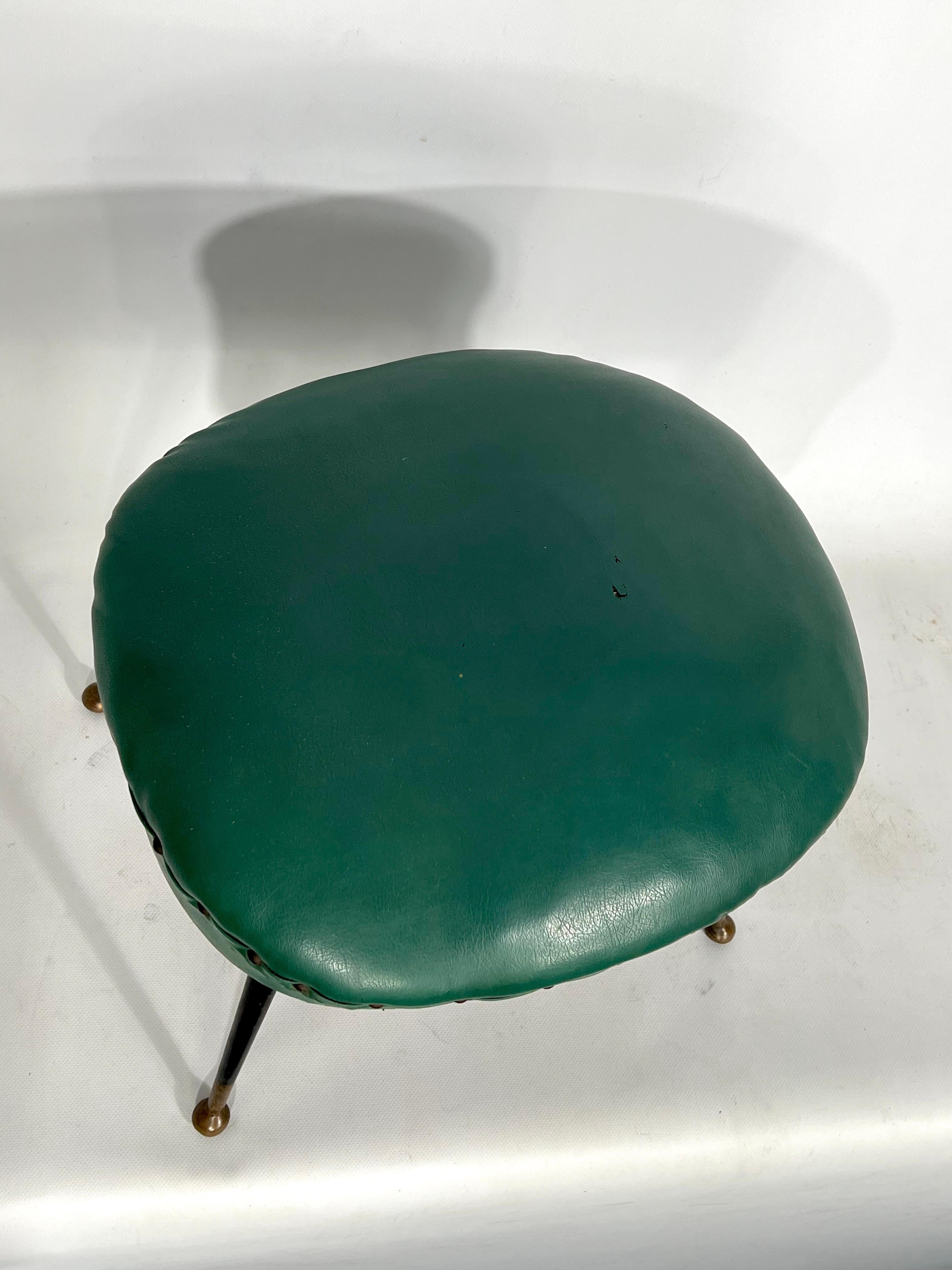 Vintage Italian Green Leatherette Pouf with Brass Feet from 50s For Sale 7
