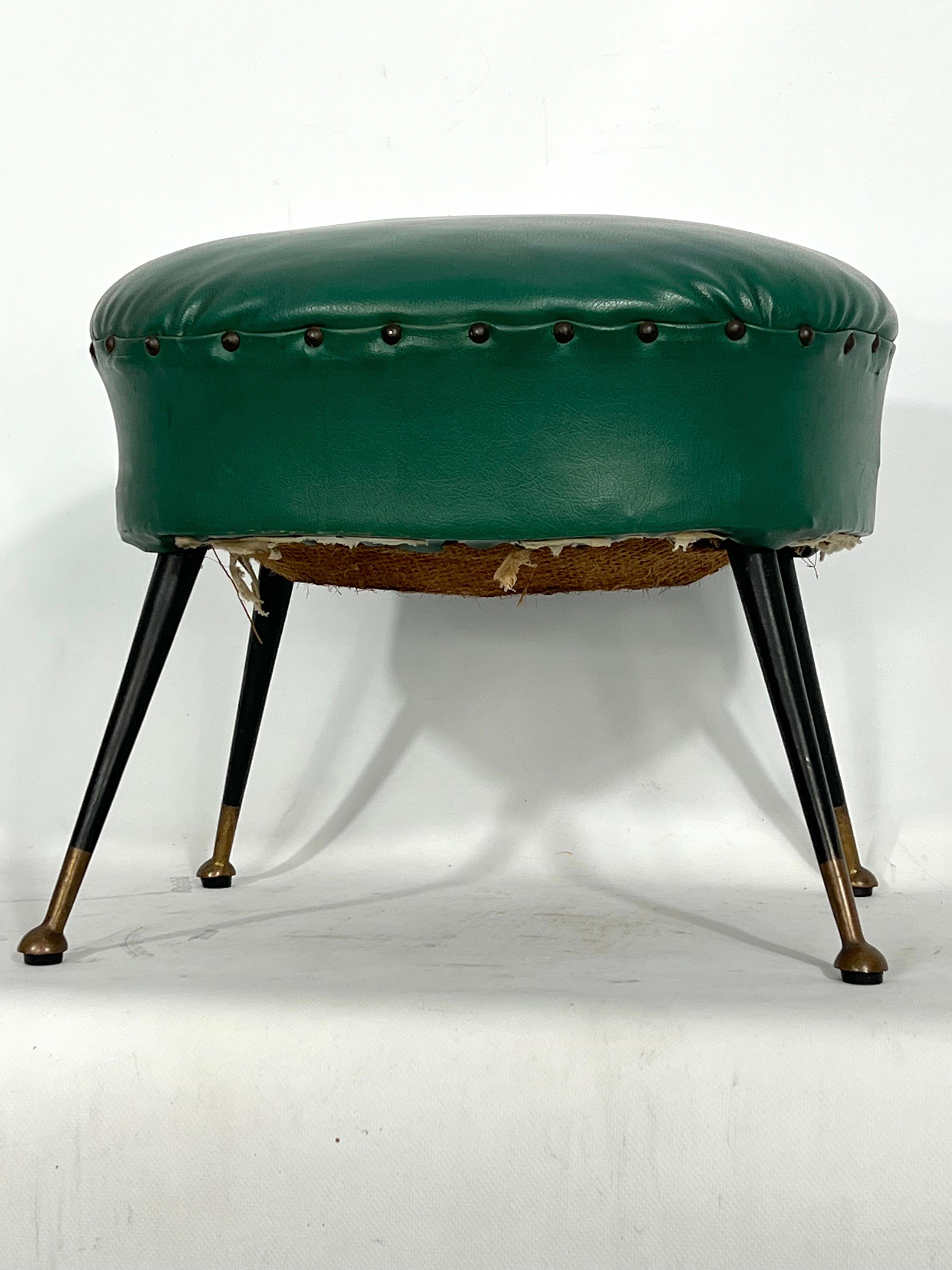 Mid-Century Modern Vintage Italian Green Leatherette Pouf with Brass Feet from 50s For Sale