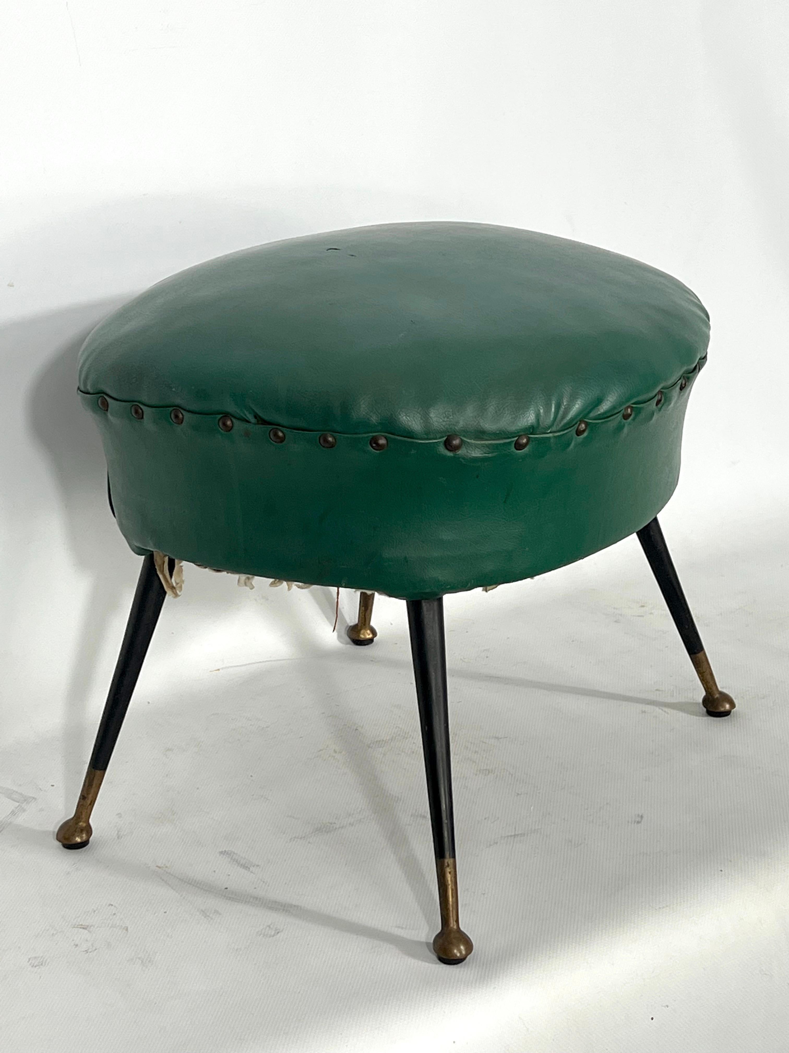 Vintage Italian Green Leatherette Pouf with Brass Feet from 50s For Sale 1