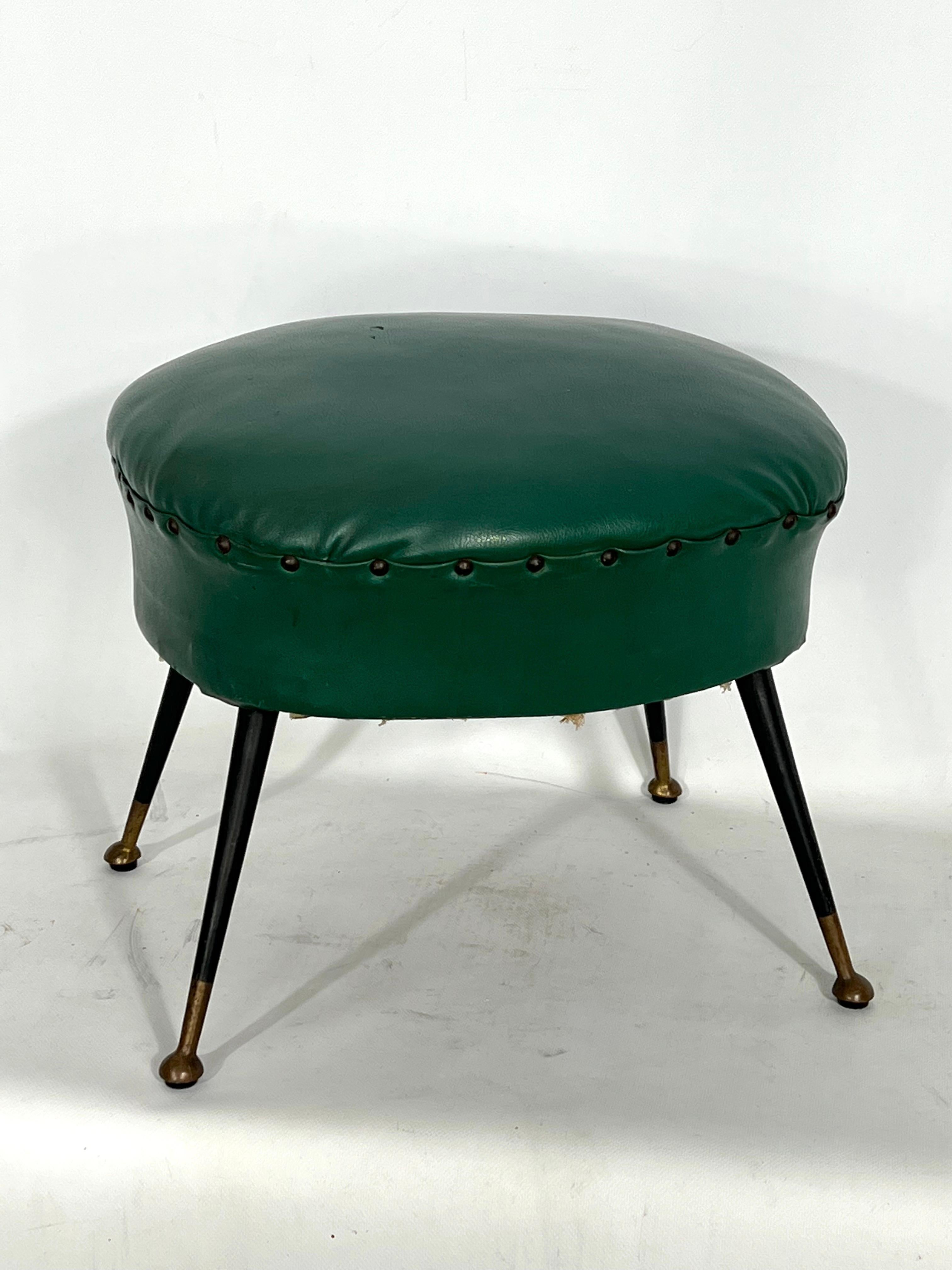 Vintage Italian Green Leatherette Pouf with Brass Feet from 50s For Sale 2