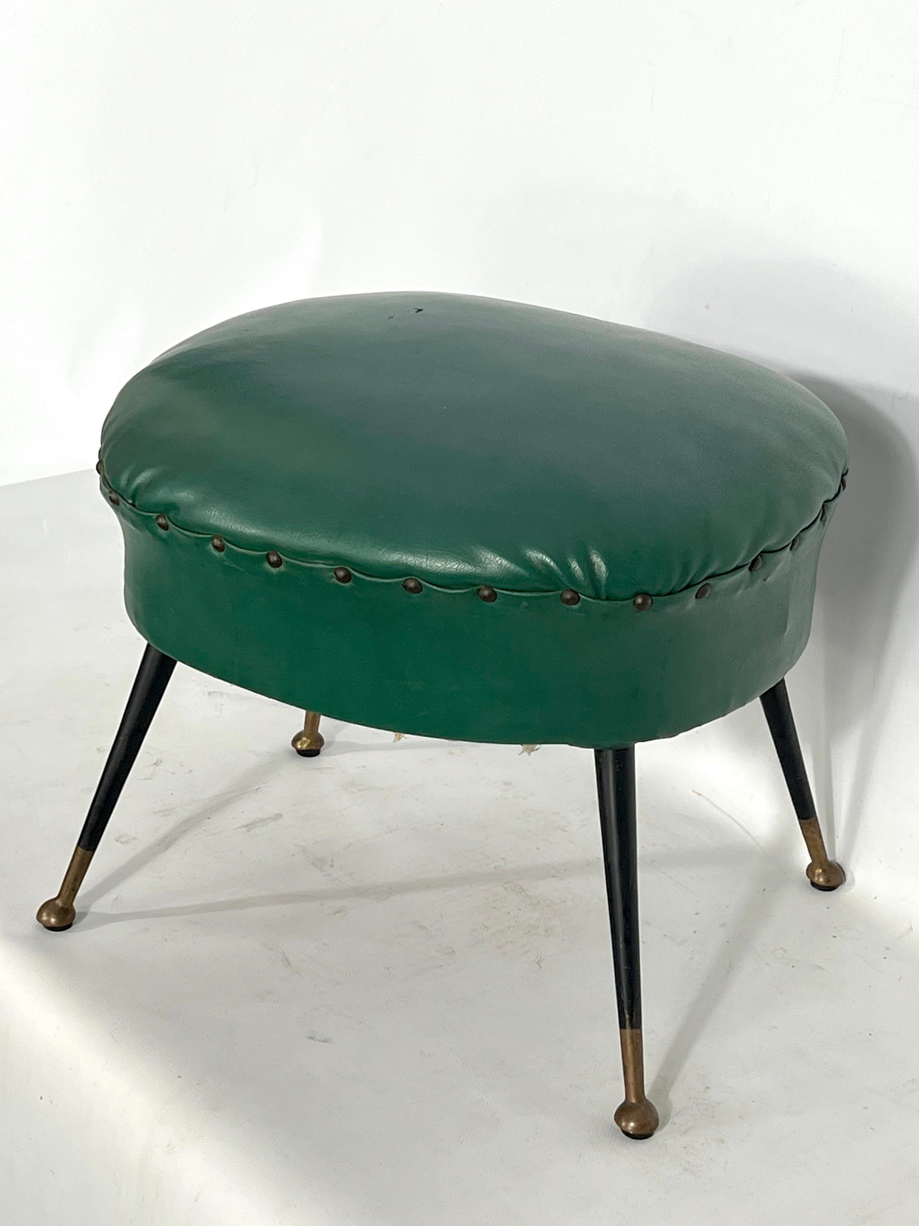 Vintage Italian Green Leatherette Pouf with Brass Feet from 50s For Sale 3