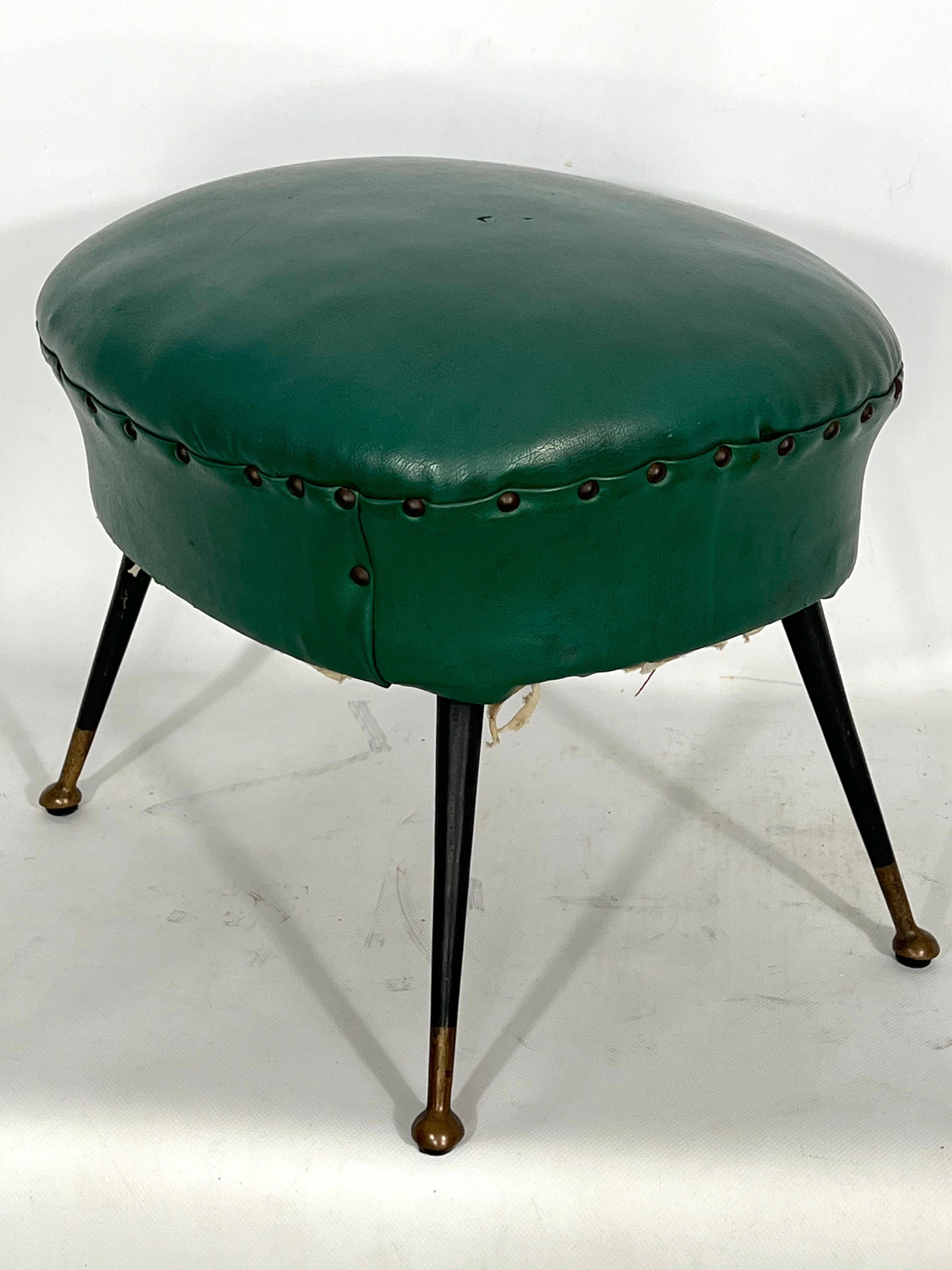 Vintage Italian Green Leatherette Pouf with Brass Feet from 50s For Sale 4