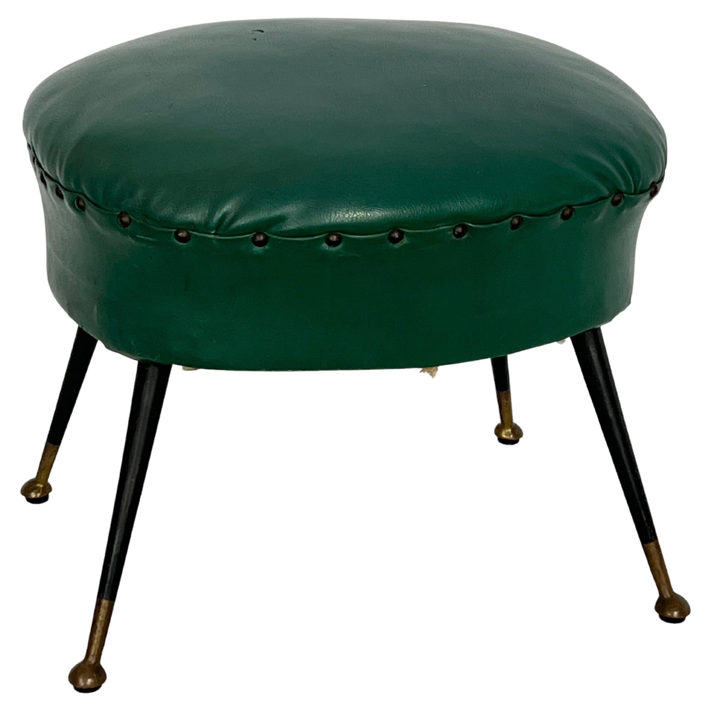 Vintage Italian Green Leatherette Pouf with Brass Feet from 50s For Sale