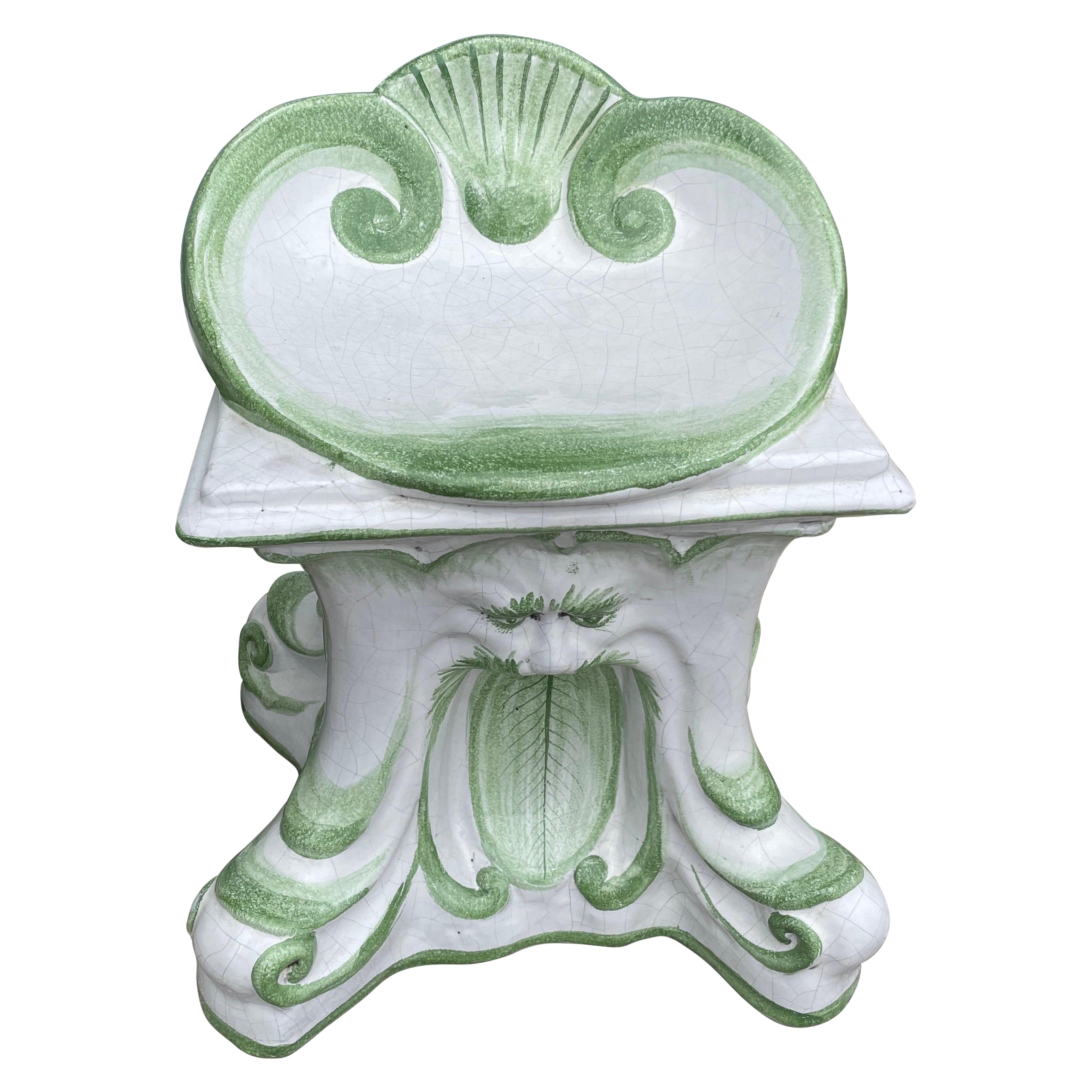 Vintage Italian Grotto Style Glazed Terracotta Shell Shaped Garden Seat