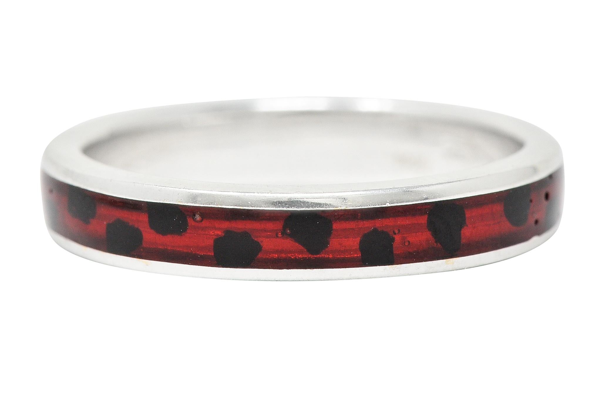 Contemporary Vintage Italian Guilloche Red Enamel 18 Karat White Gold Cheetah Print Band For Sale