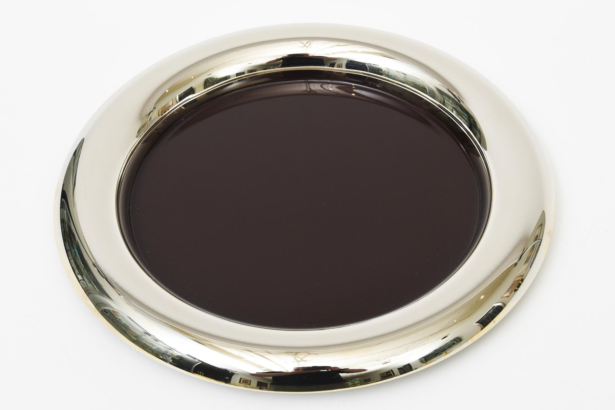 This lovely vintage Italian hallmarked round tray is from the 70's. It was originally all gold plated from the time period with the brown colored enamel center but the gold plating was in very bad shape and the cost to re do that with gold plate was