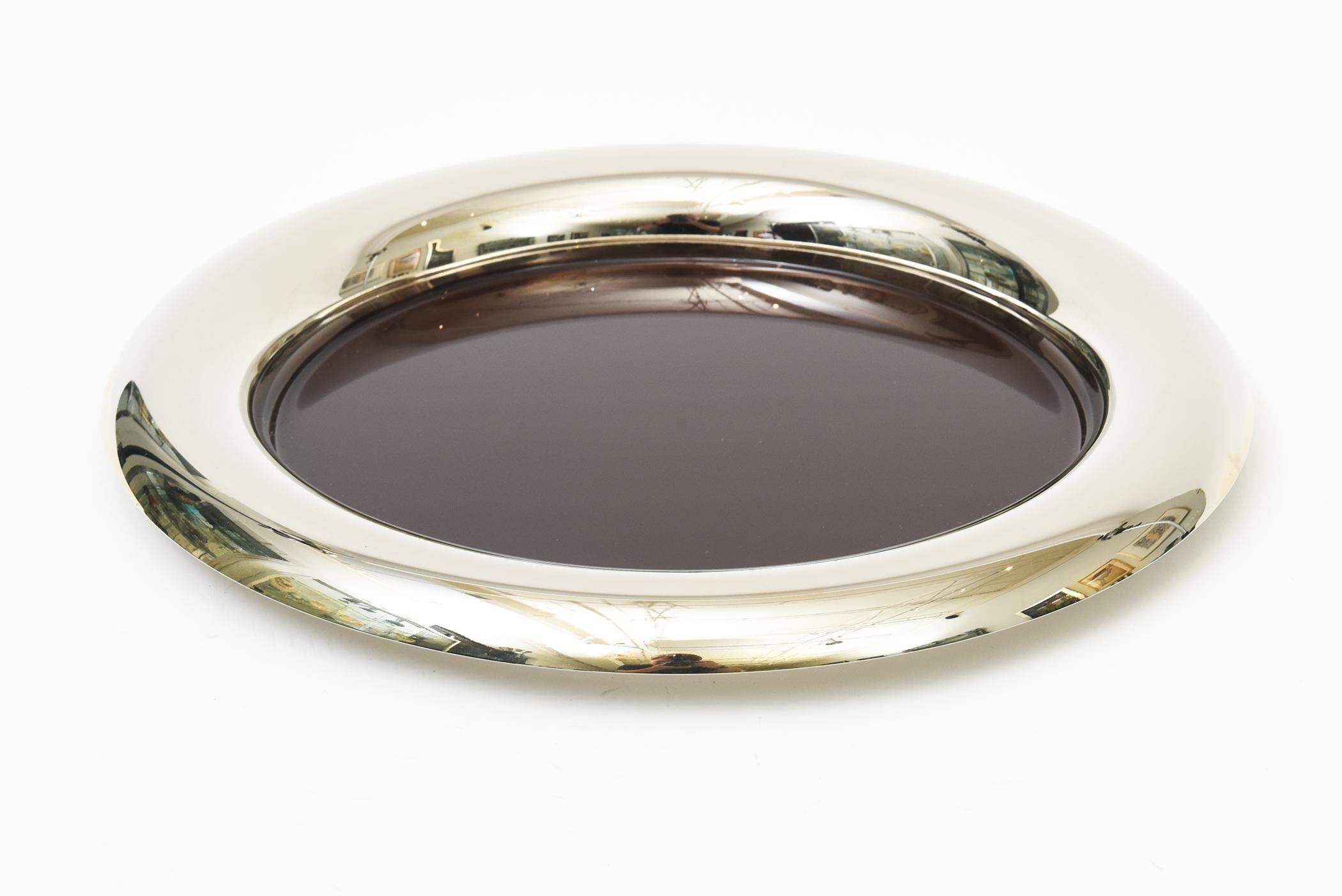 Modern Vintage Italian Hallmarked Nickel Silver And Brown Enamel  Round Tray Barware For Sale