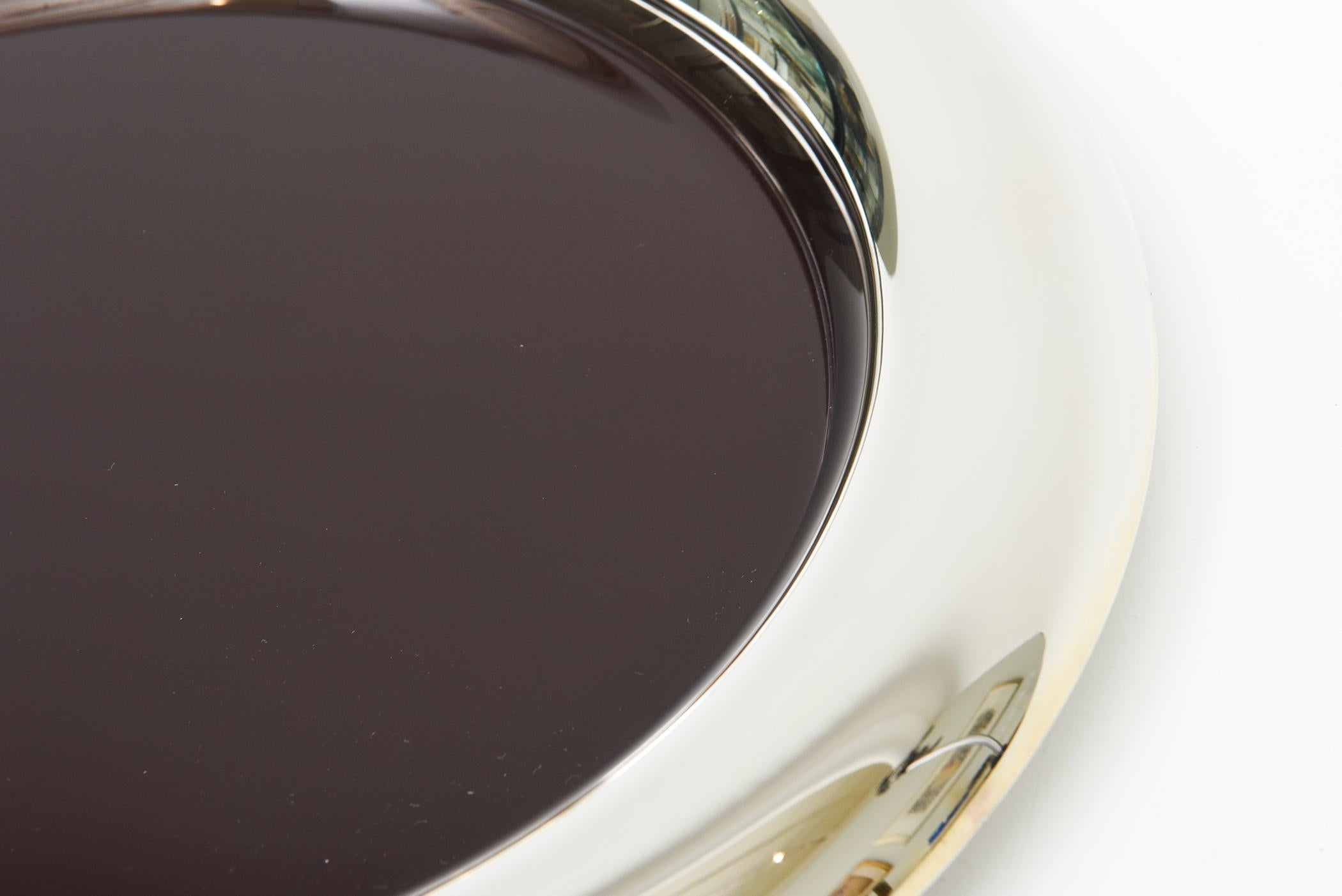 Late 20th Century Vintage Italian Hallmarked Nickel Silver And Brown Enamel  Round Tray Barware For Sale