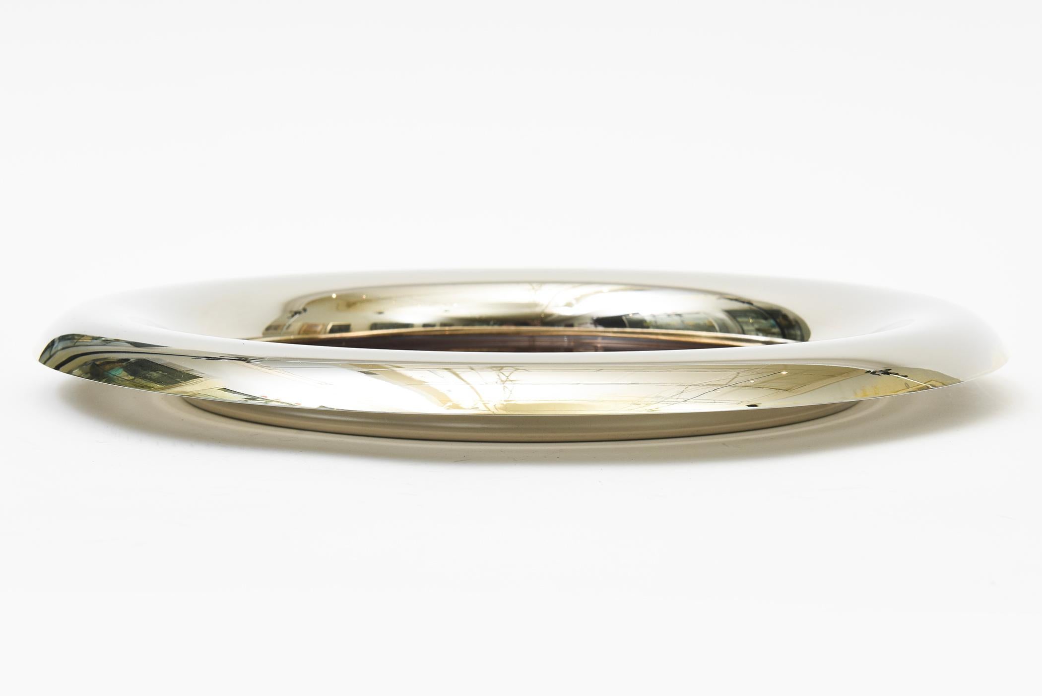 Gold Plate Vintage Italian Hallmarked Nickel Silver And Brown Enamel  Round Tray Barware For Sale