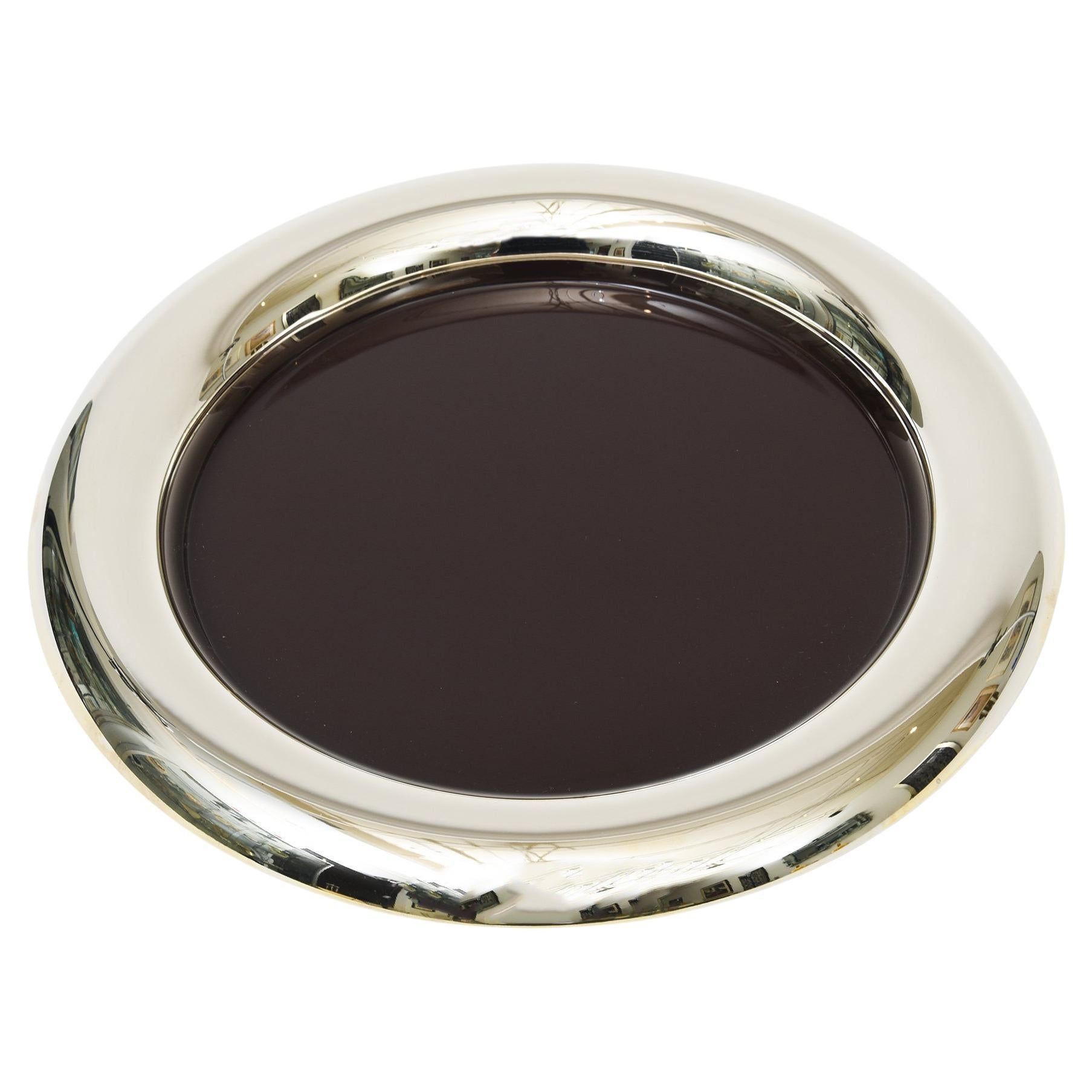 Vintage Italian Hallmarked Nickel Silver And Brown Enamel  Round Tray Barware