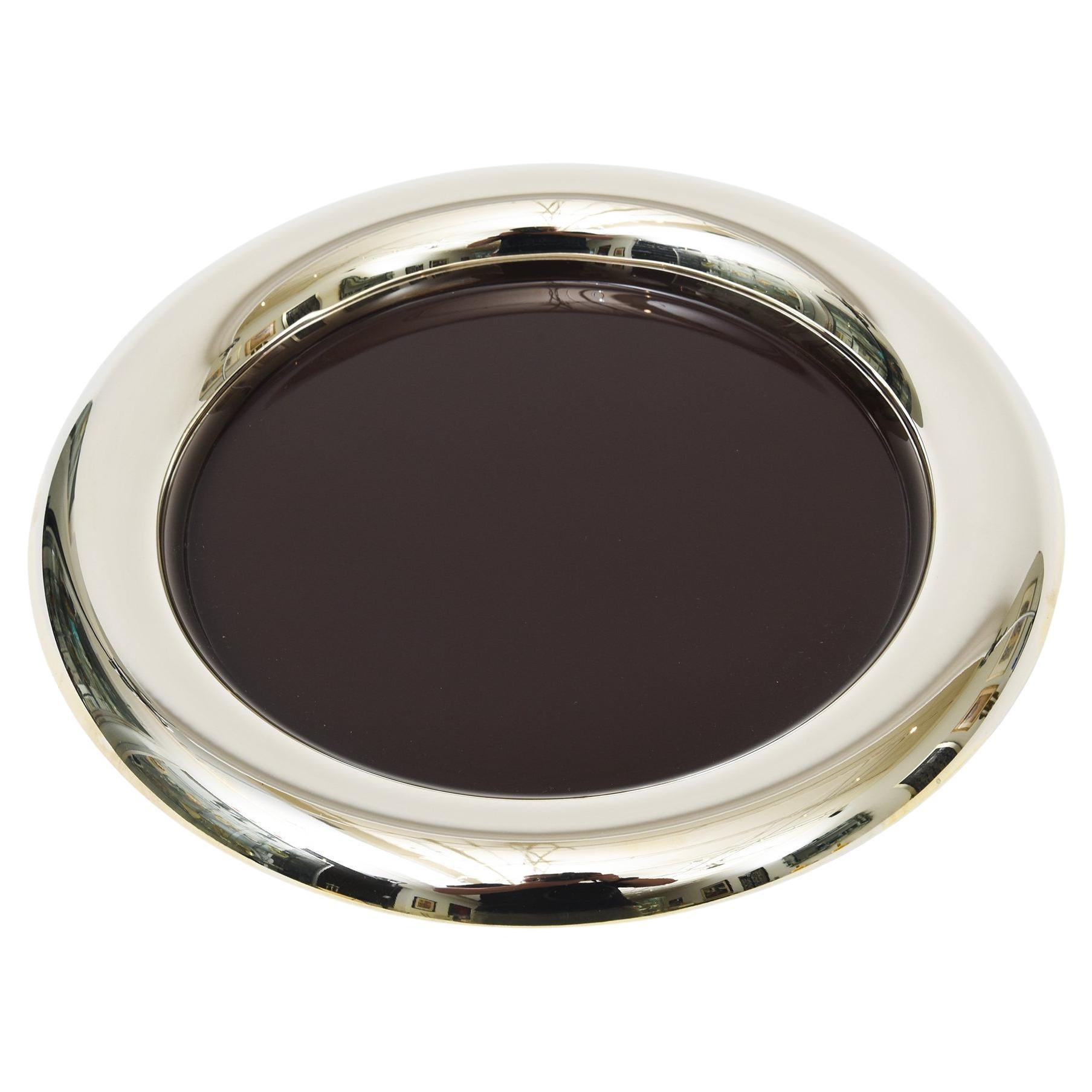 Vintage Italian Hallmarked Nickel Silver And Brown Enamel  Round Tray Barware For Sale
