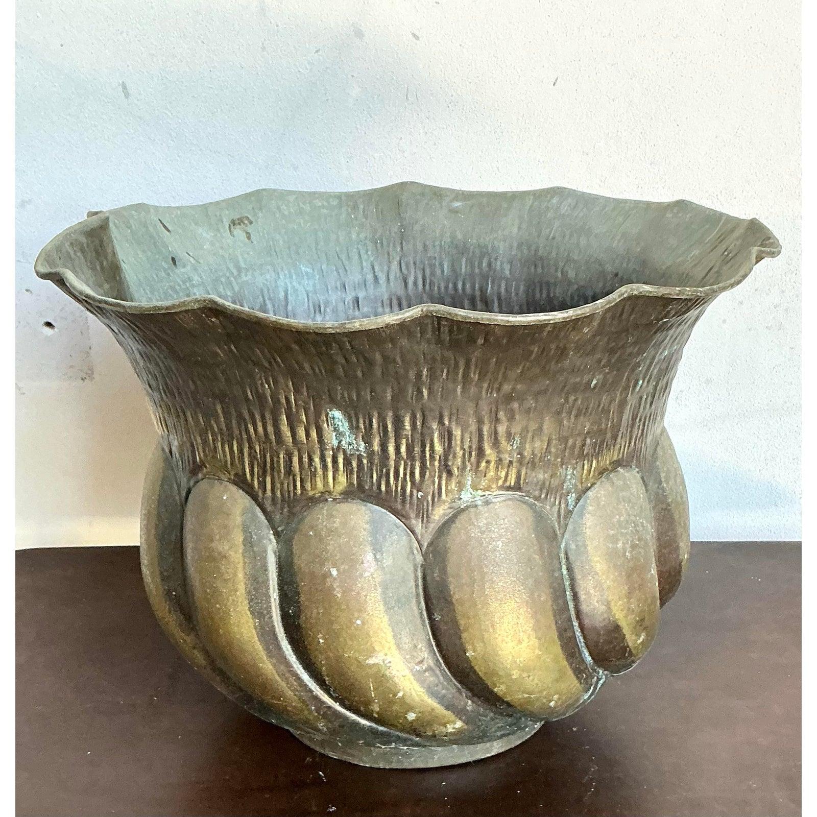 20th Century Vintage Italian Hammered Brass Planter For Sale