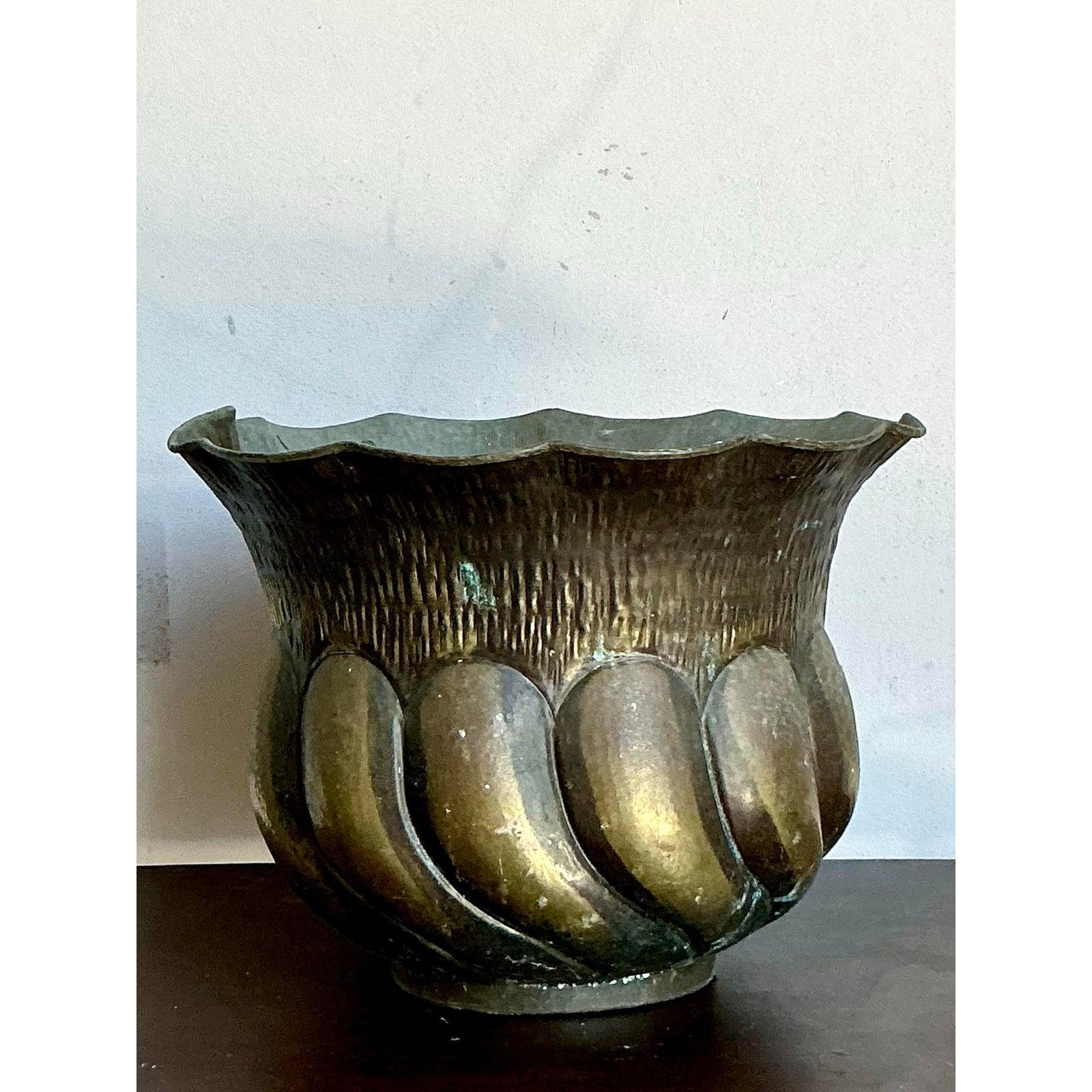 Vintage Italian Hammered Brass Planter For Sale 1