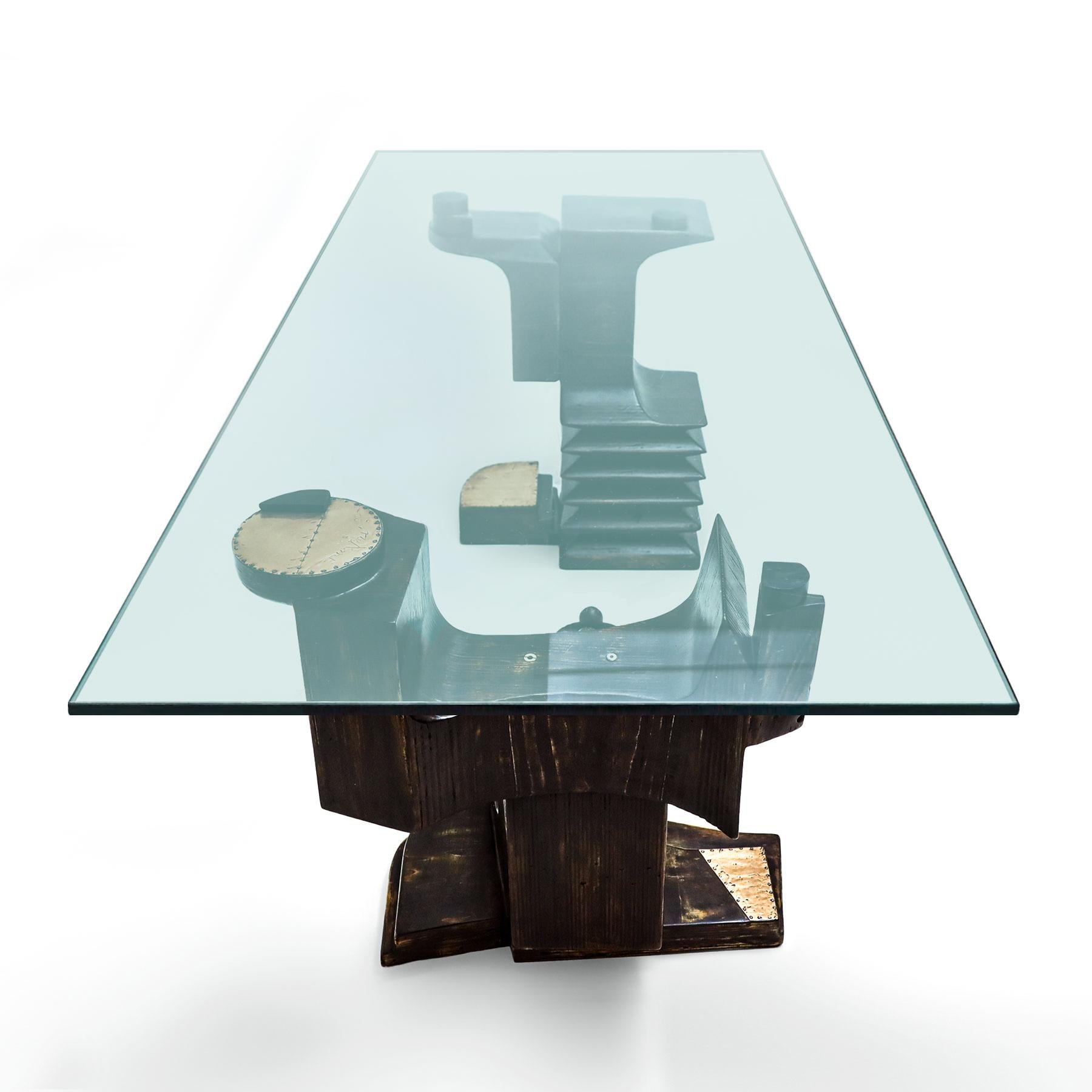 Vintage brutalist Italian hand carved wooden and glass dining table by Nerone, (Giovanni Ceccarelli), co-founder of Gruppo NP2, Nerone & Patuzzi. Supplied with certificate of authentication notarised by Saar Ceccarelli, Archivio Nerone Giovanni