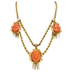 Vintage Italian Hand Carved Coral Cameo Necklace in 14k, Ca 1950