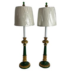 Vintage Italian Lámparas de Palo de Vela de Madera Dorada Tallada a Mano con Pantallas/Finales