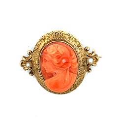Vintage Italian Hand-Carved Mediterranean Coral Cameo Brooch in 14K Gold