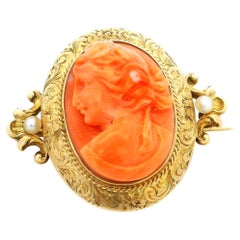 Vintage Italian Hand-Carved Mediterranean Coral Cameo Brooch in 14K Gold