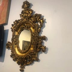 Vintage Italian Hand-Carved Wood Mirror Frame in Aged Gold Leaf with Shell plume