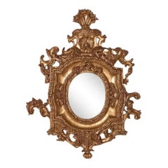 Vintage Italian Hand-Carved Wood Mirror Frame in Aged Gold Leaf with Shell plume