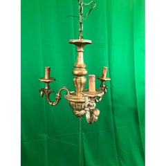 Vintage Italian Hand Carved Wood Three-Light Chandelier, Gilt Italianate Ceiling