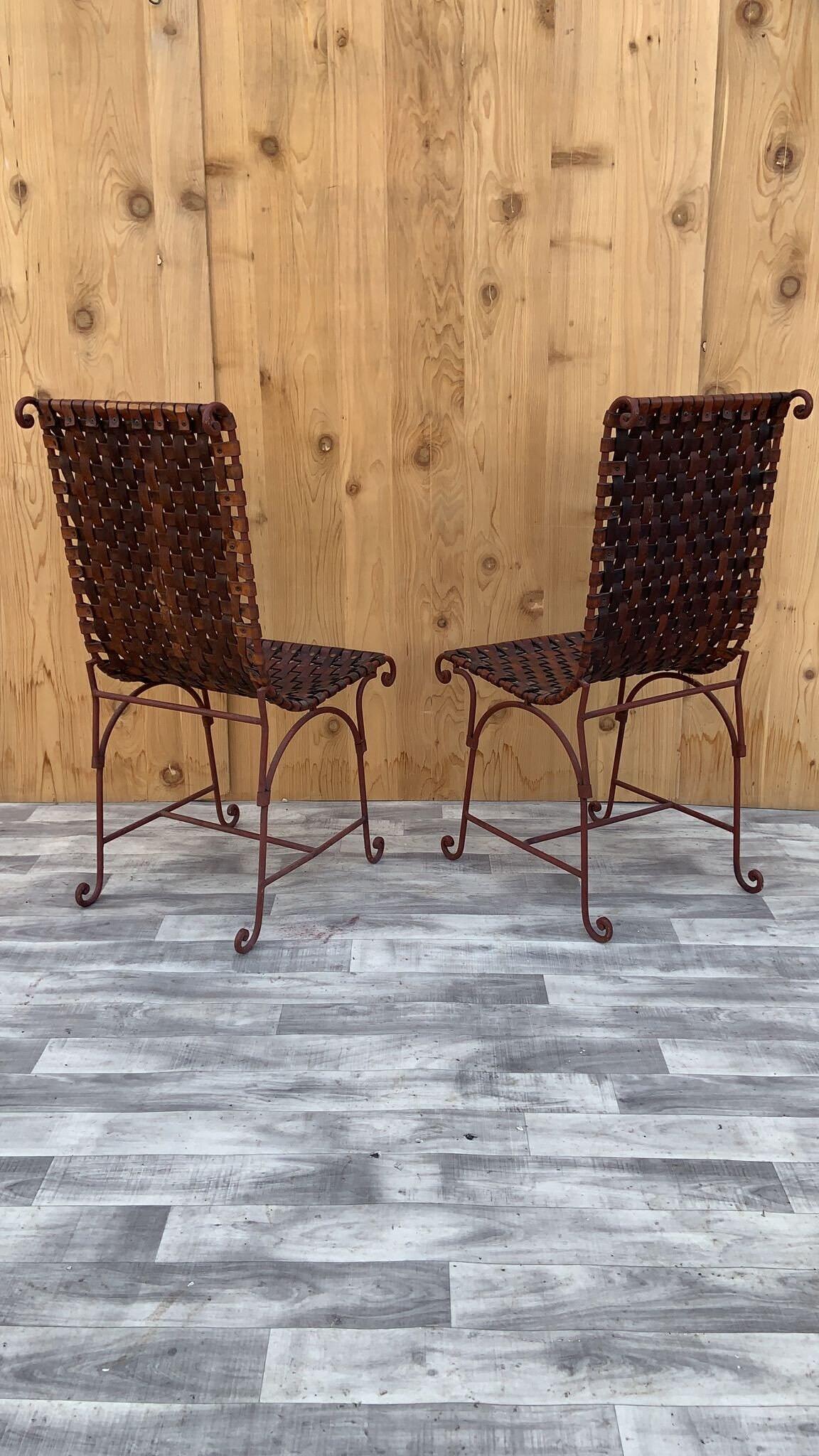 Vintage Italian Hand Forged Wrought Iron Woven Leather Side Chairs, Pair 3